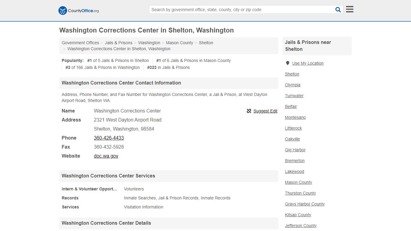 Washington Corrections Center - Shelton, WA (Address, Phone, and Fax)